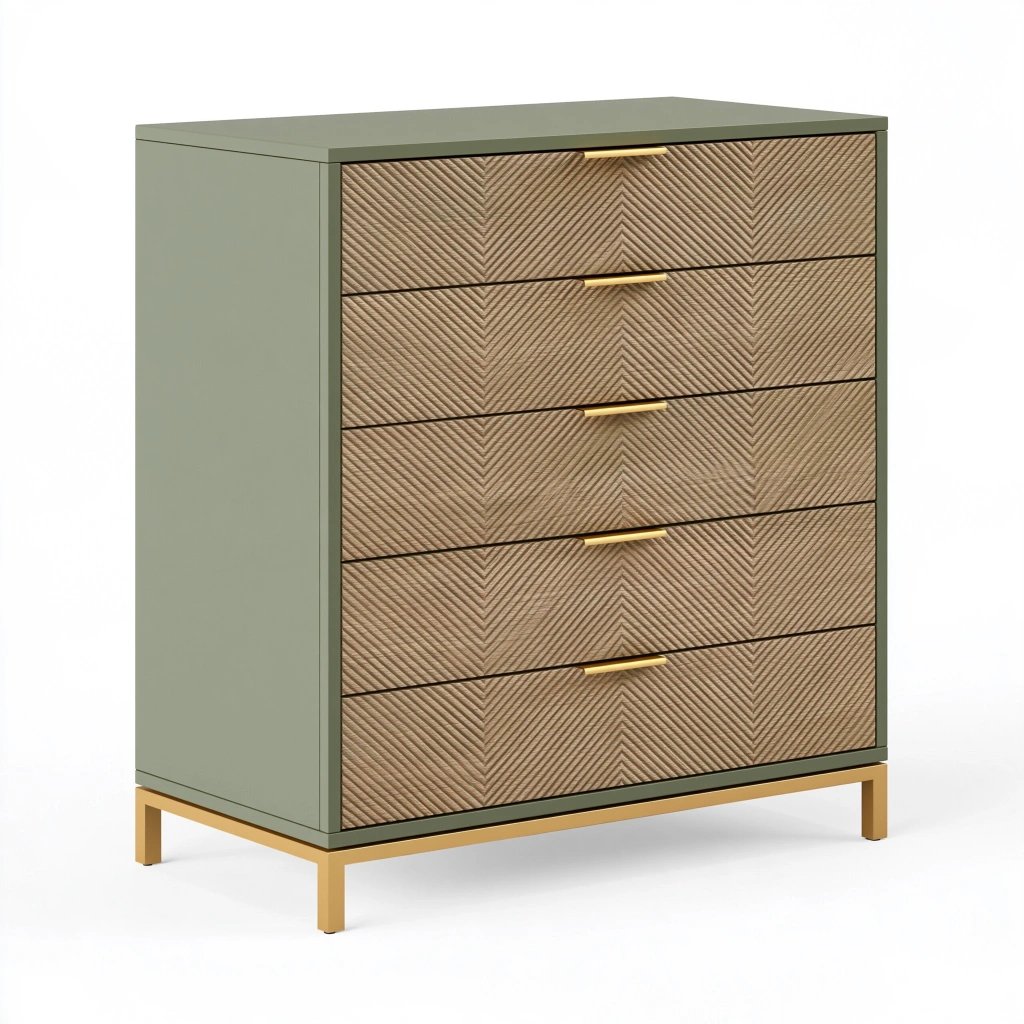 Commode 90 x 45 x 110 cm en panneaux de bois vert kaki et naturel à 5 tiroirs style contemporain