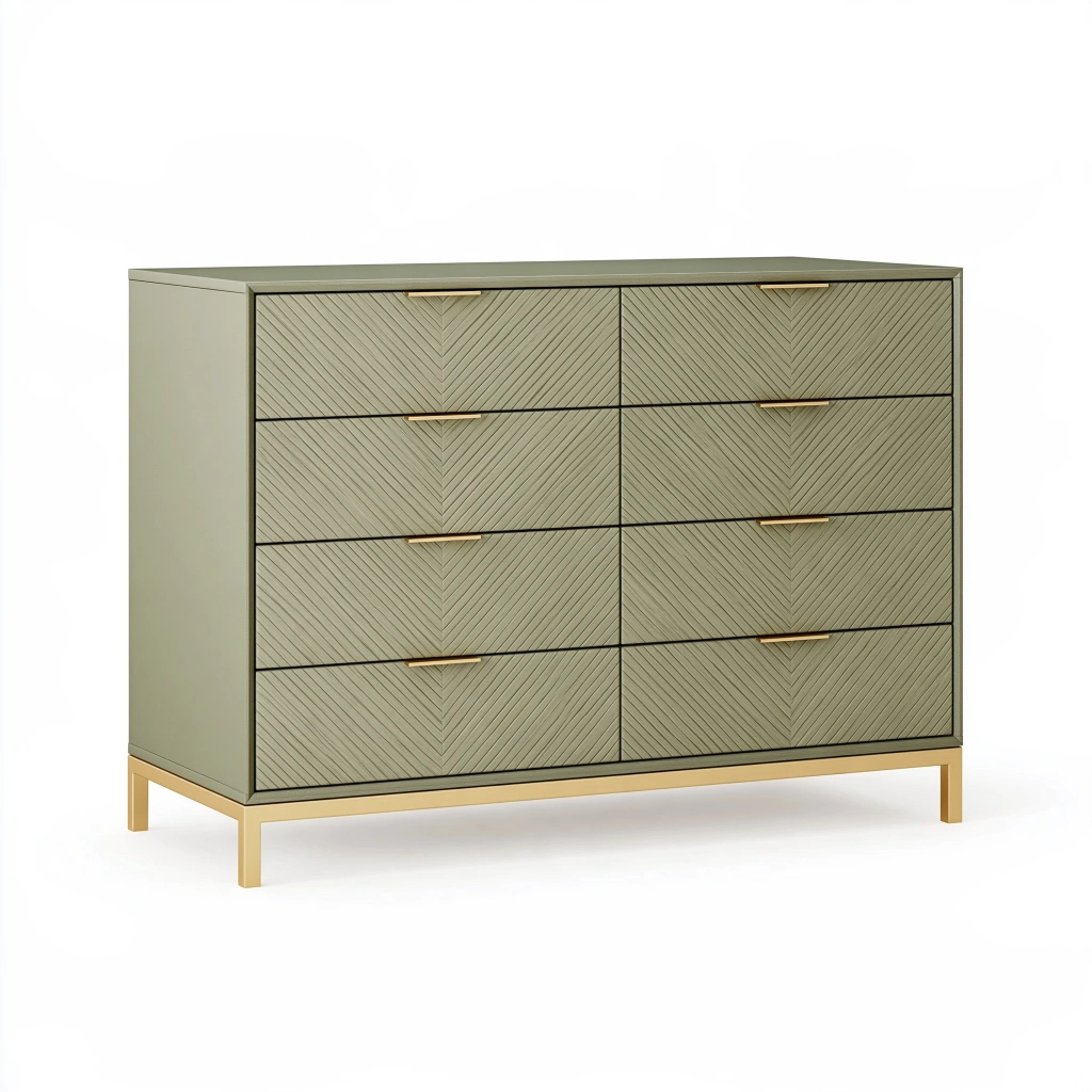 Commode 120 x 45 x 90 cm en bois vert kaki à 8 tiroirs style contemporain