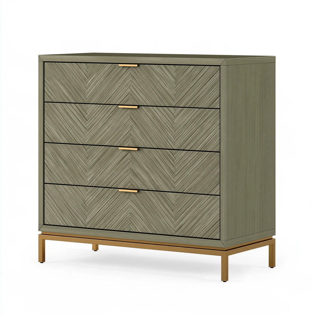 Commode 90 x 45 x 105 cm en panneaux de bois vert olive et métal doré à 4 tiroirs style contemporain