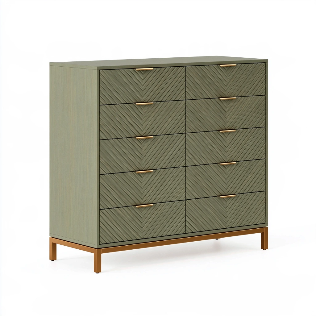Commode 120 x 45 x 130 cm en panneaux de bois vert kaki à 10 tiroirs style contemporain