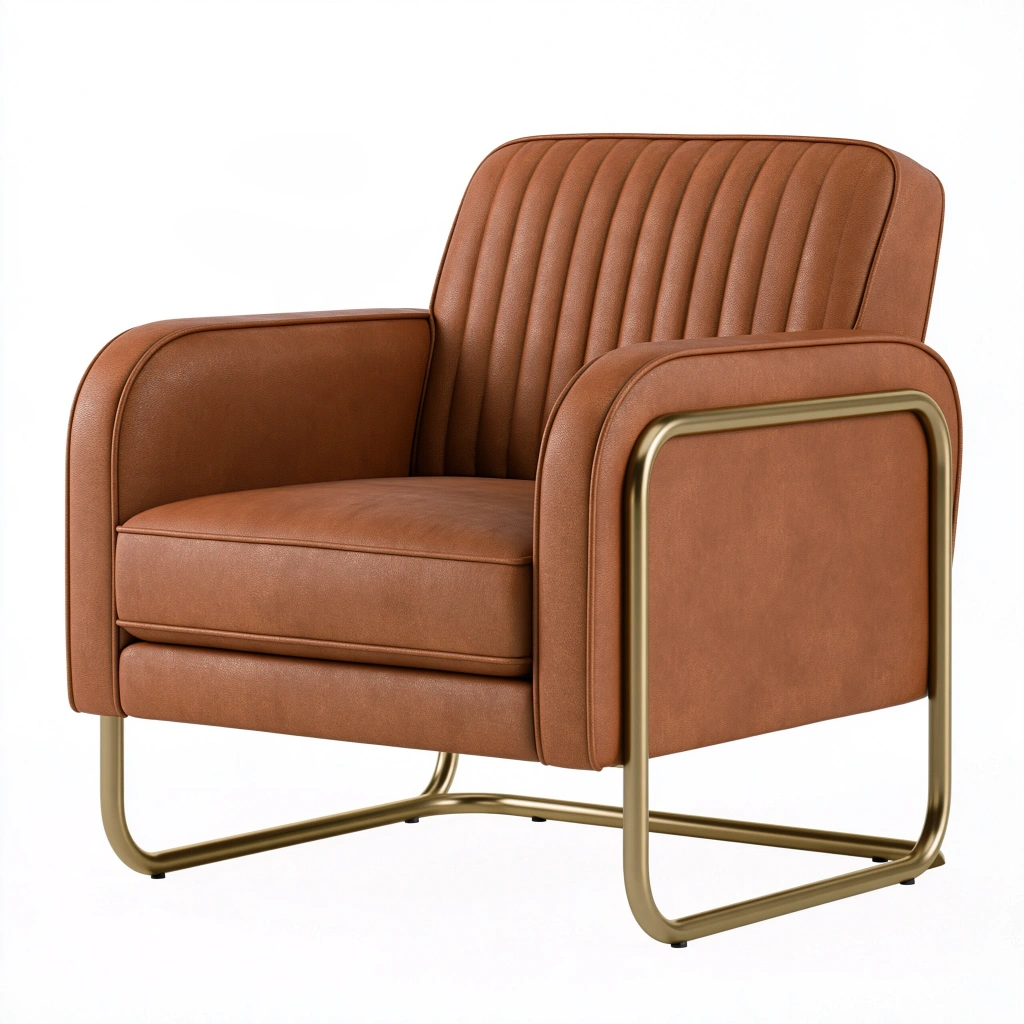 Fauteuil 78 x 82 x 84 cm aspect cuir cognac avec piètement métal doré style moderne