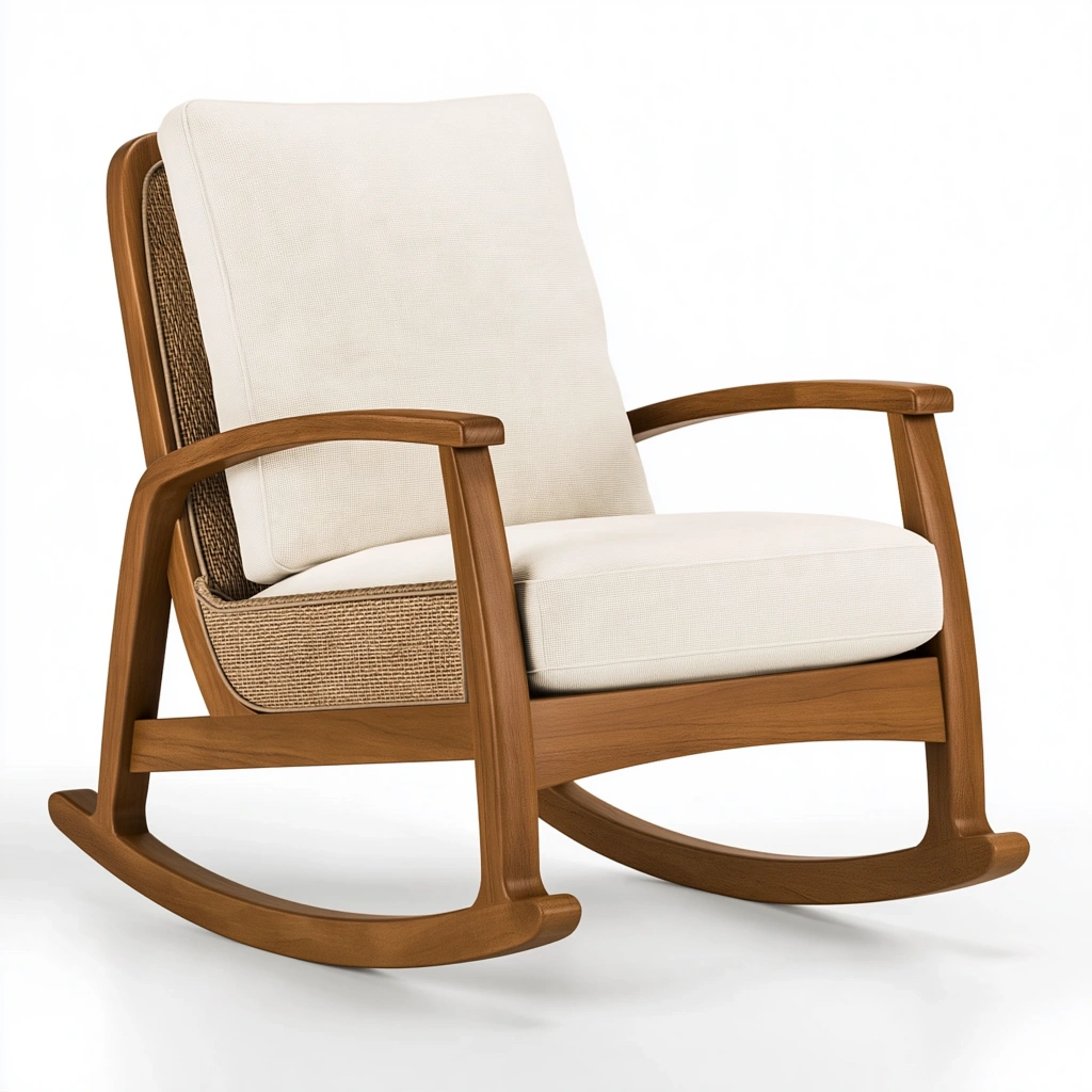 Fauteuil à bascule 100 x 70 x 98 cm en bois brun et tissu écru style naturel