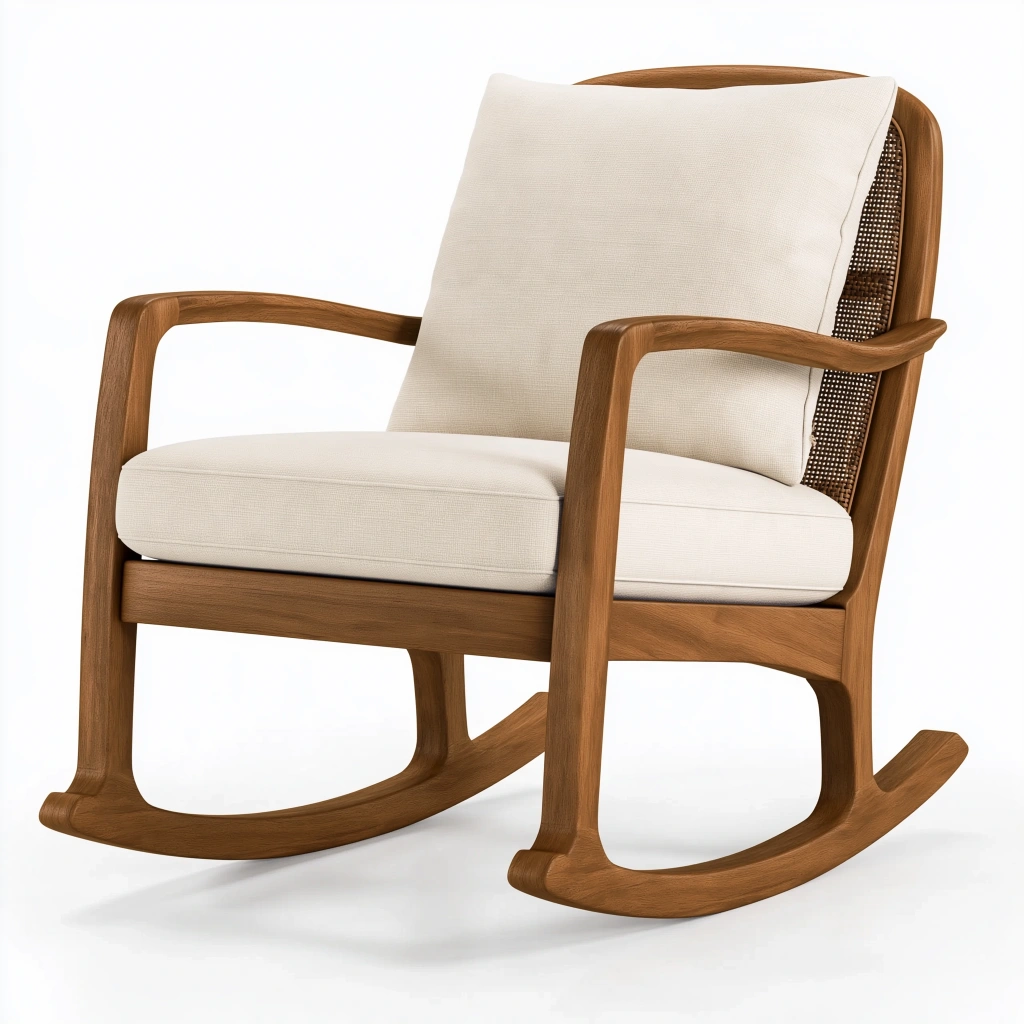 Fauteuil à bascule 72 x 82 x 98 cm en bois brun et tissu écru style naturel