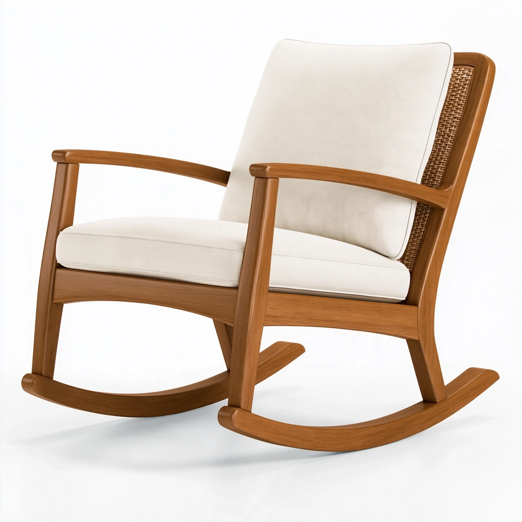 Fauteuil à bascule 70 x 90 x 100 cm bois brun tissu beige dossier cannage