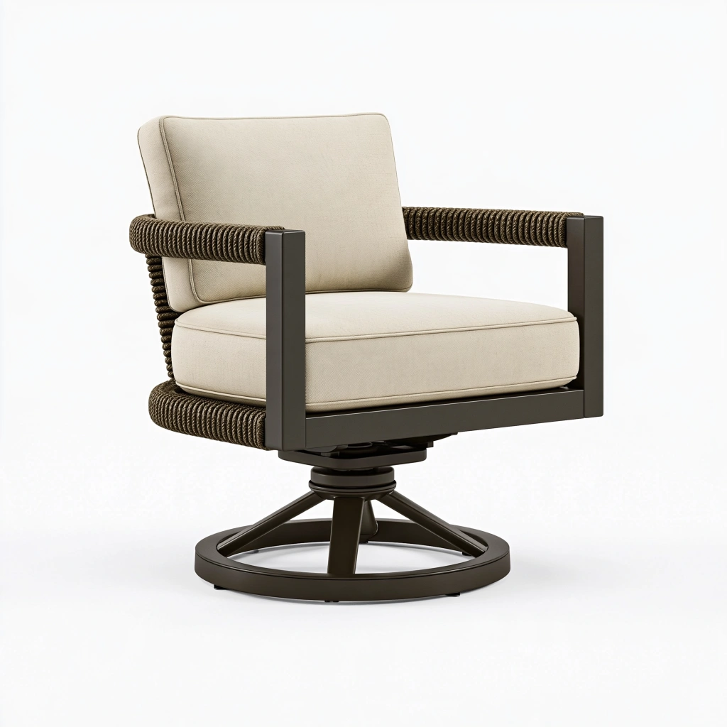 Fauteuil pivotant 78 x 80 x 82 cm en métal noir et corde marron avec assise beige