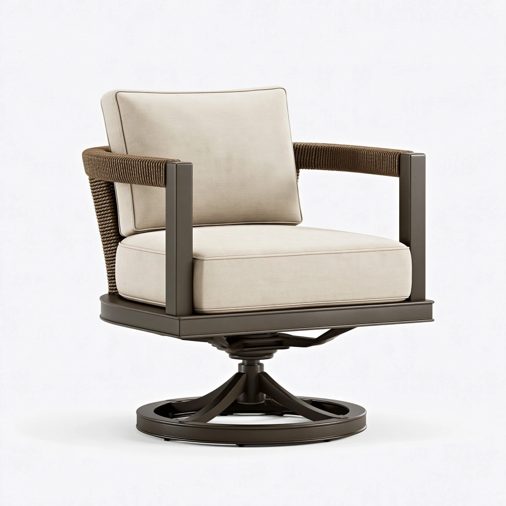 Fauteuil pivotant 83 x 82 x 86 cm en métal et corde brun beige pour extérieur