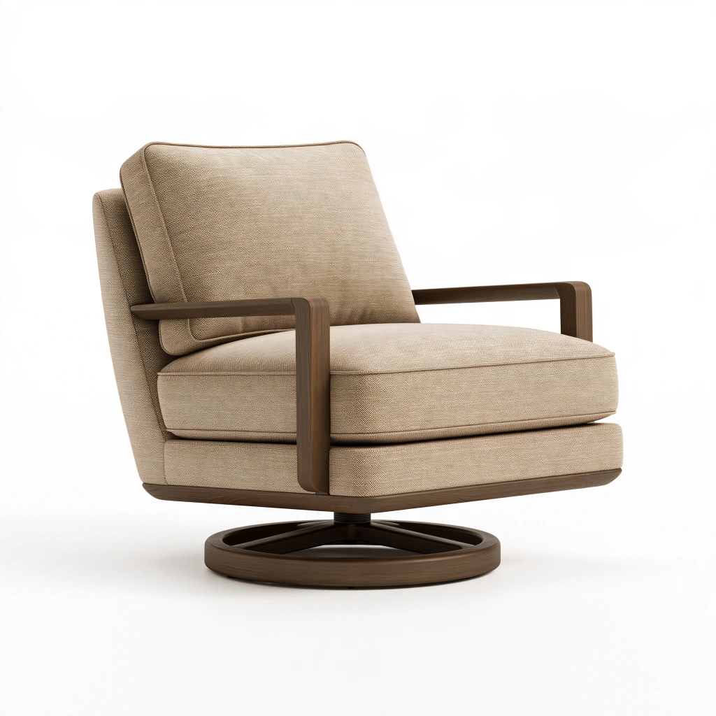 Fauteuil pivotant 85 x 90 x 88 cm en tissu beige et bois style contemporain