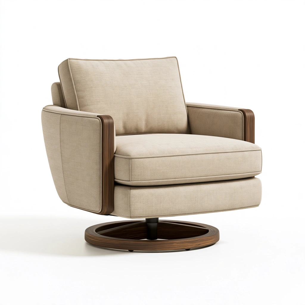 Fauteuil pivotant 85 x 88 x 82 cm en tissu beige et bois foncé style contemporain