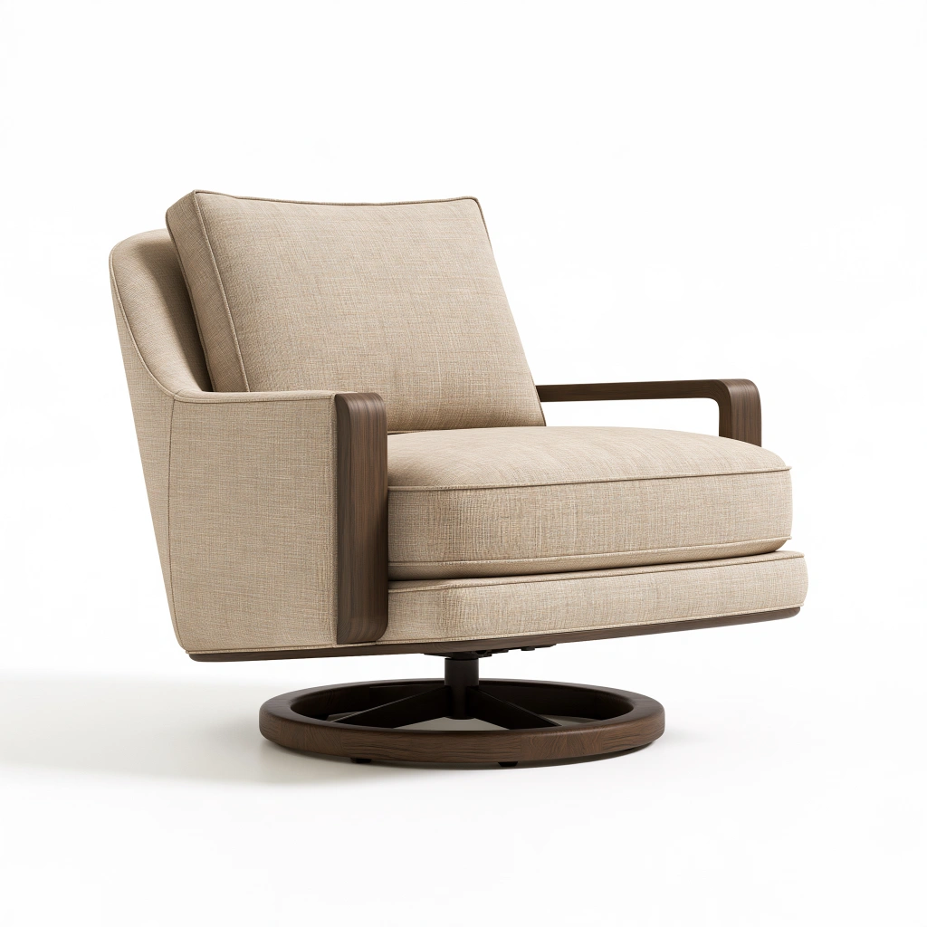 Fauteuil pivotant 78 x 86 x 88 cm en tissu beige et bois foncé style contemporain