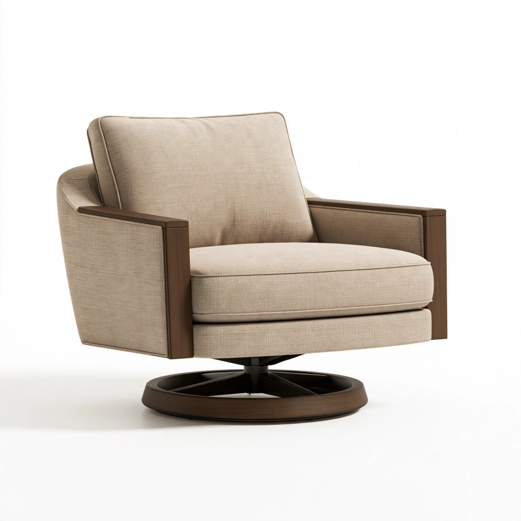 Fauteuil pivotant 82 x 85 x 86 cm en tissu beige avec accoudoirs en bois