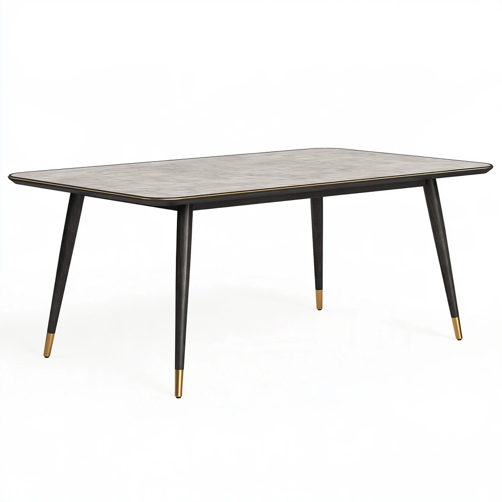 Table à manger 180 x 90 cm plateau aspect pierre gris pieds en bois noir style contemporain
