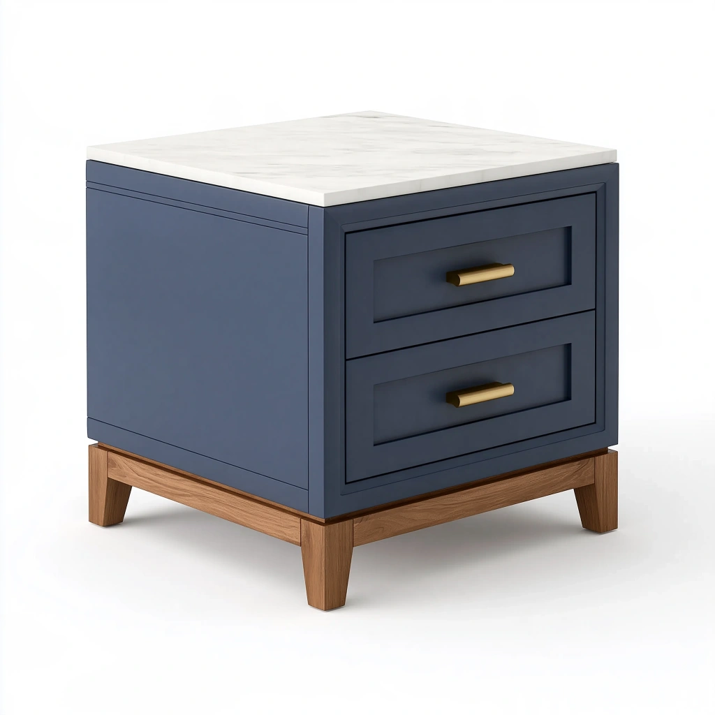 Table de chevet 60 x 45 x 60 cm en bois bleu marine avec plateau effet marbre style contemporain