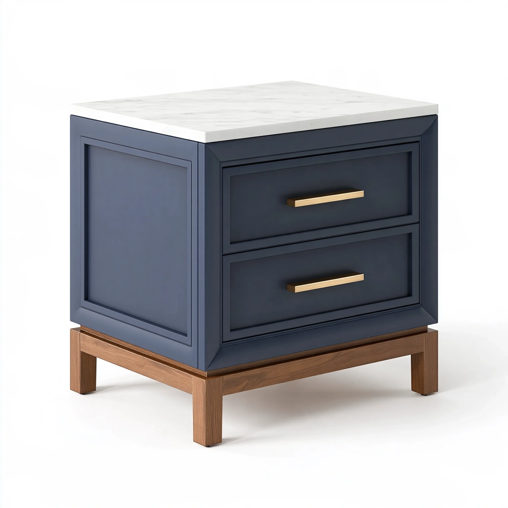 Table de chevet 55 x 45 x 60 cm bleu foncé bois plateau aspect marbre style contemporain
