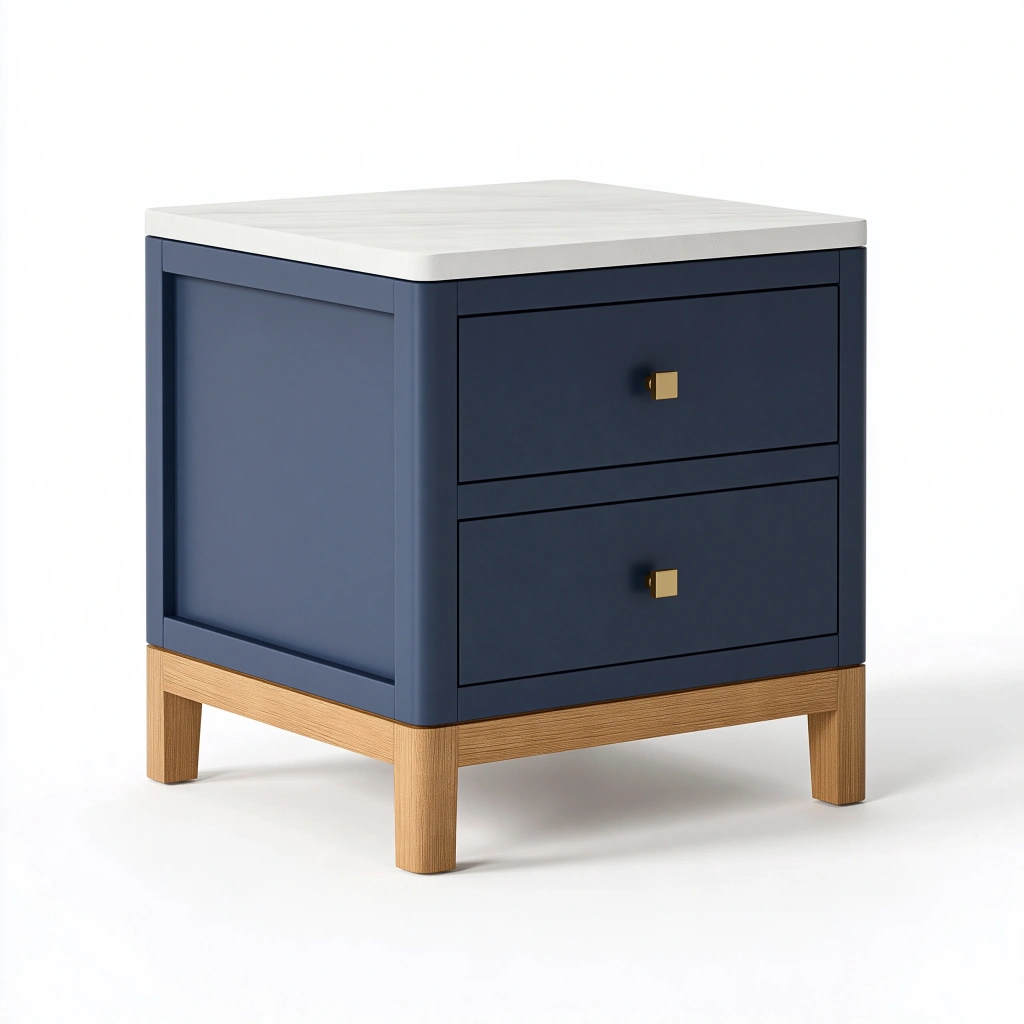 Table de chevet 50 x 40 x 60 cm en bois bleu et blanc avec 2 tiroirs style contemporain