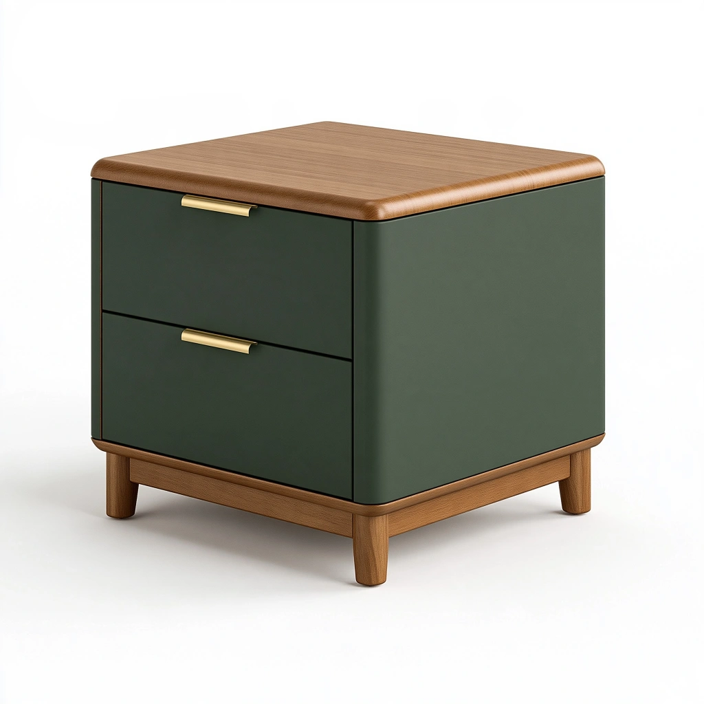 Table de chevet 50 x 40 x 50 cm en bois vert foncé et noyer à 2 tiroirs style contemporain